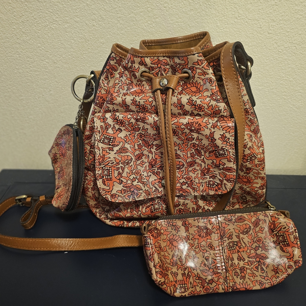 Patricia Nash Leather Drawstring Bag with Boho India Print